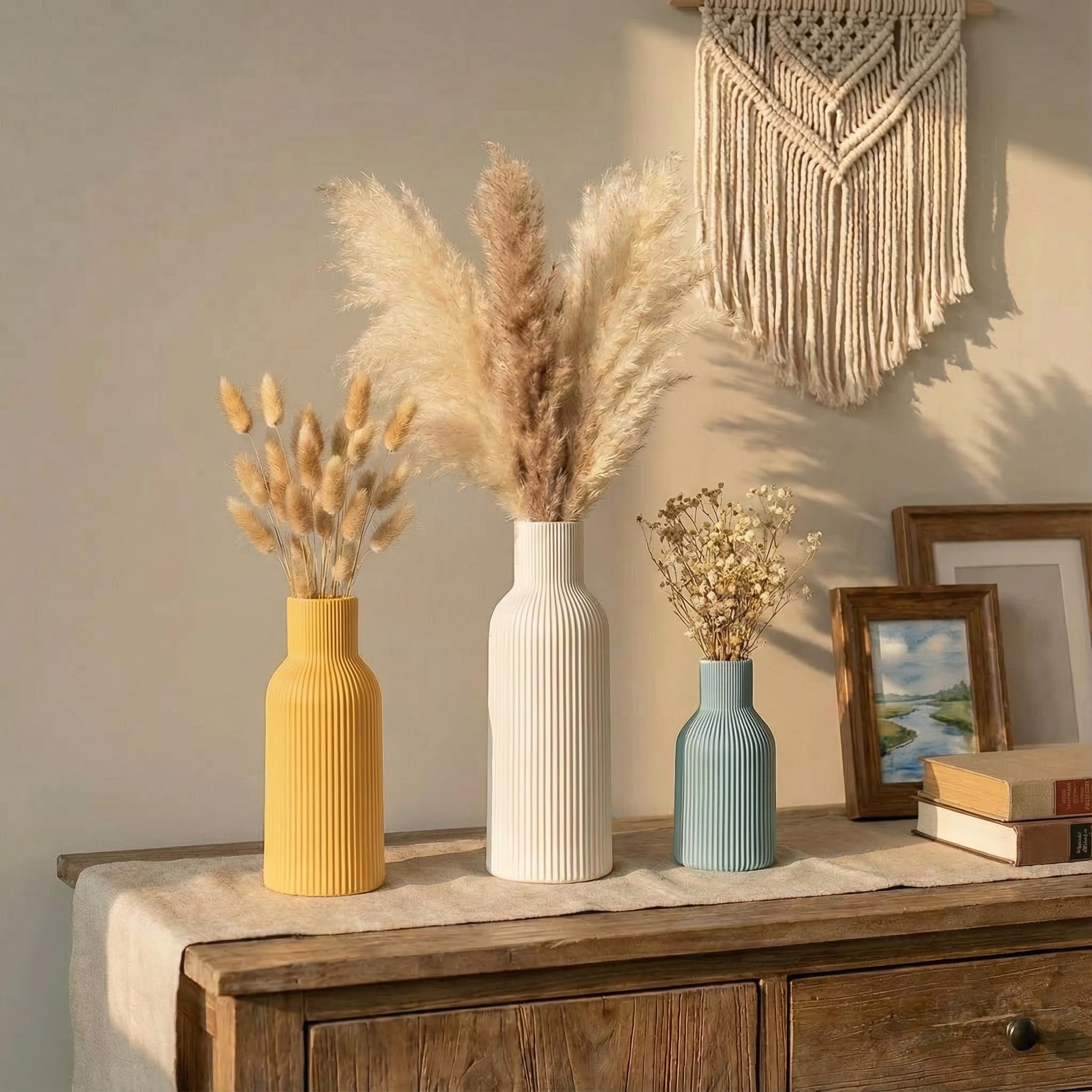 Ceramic Vases Set of 3 – Modern Matte Ribbed Vases for Pampas Grass & Dried Flowers | Boho, Farmhouse & Minimalist Home Decor