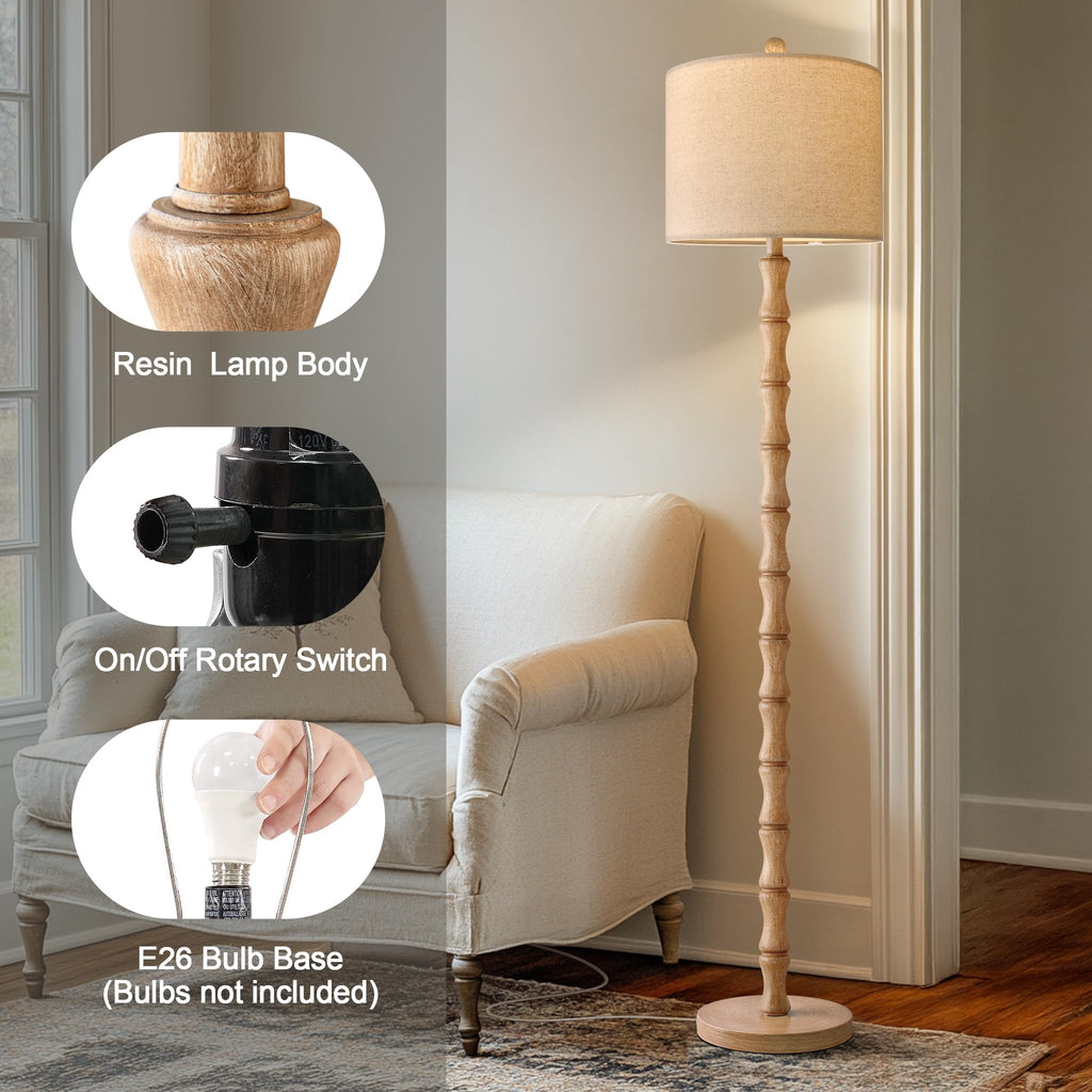BOBOMOMO 62" Rustic Floor Lamp for Living Room, Retro Farmhouse Floor Lamp Rotary Switch, Resin Standing Lamp for Living Room, Corner, Dining Room, Bedroom, House