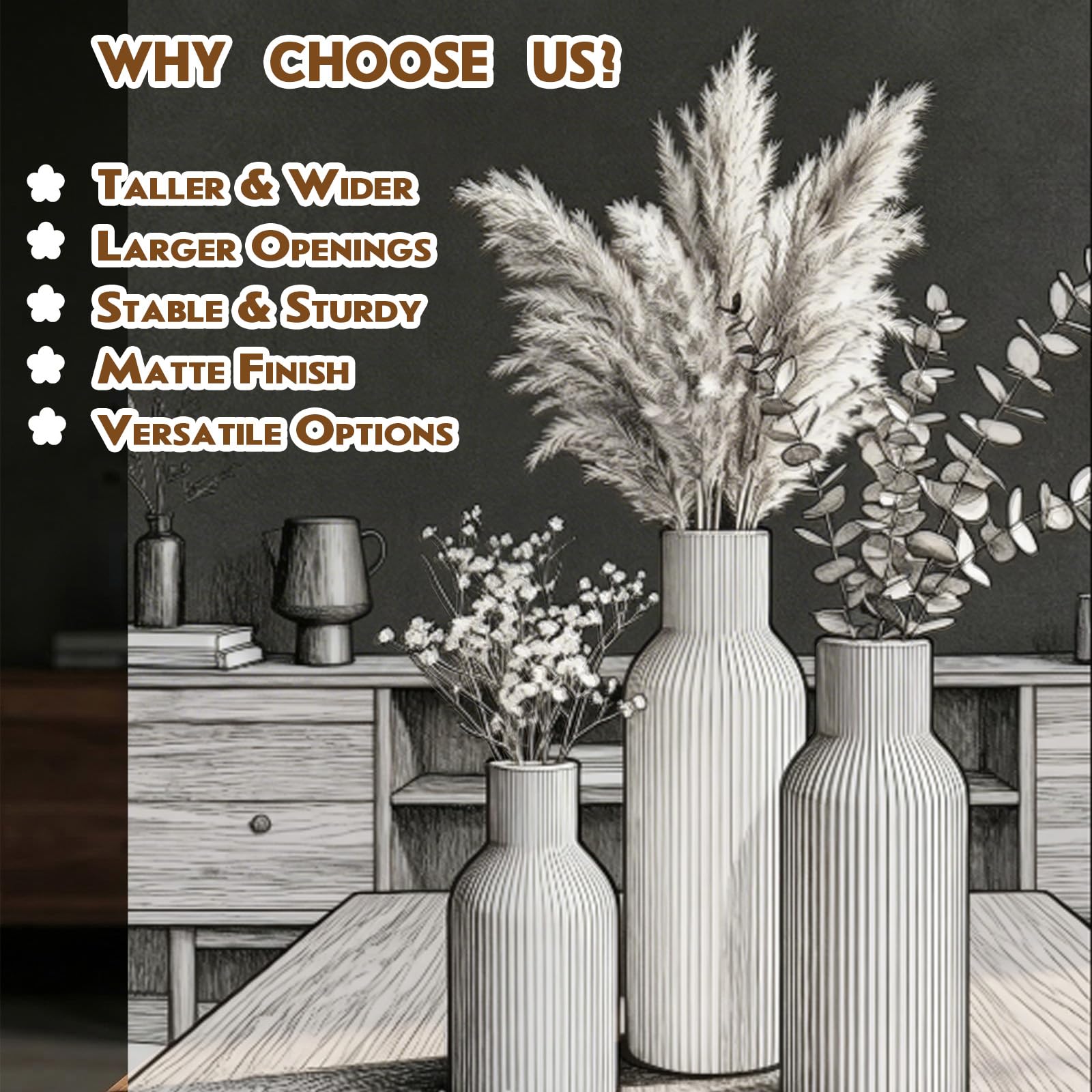 Ceramic Vases Set of 3 – Modern Matte Ribbed Vases for Pampas Grass & Dried Flowers | Boho, Farmhouse & Minimalist Home Decor