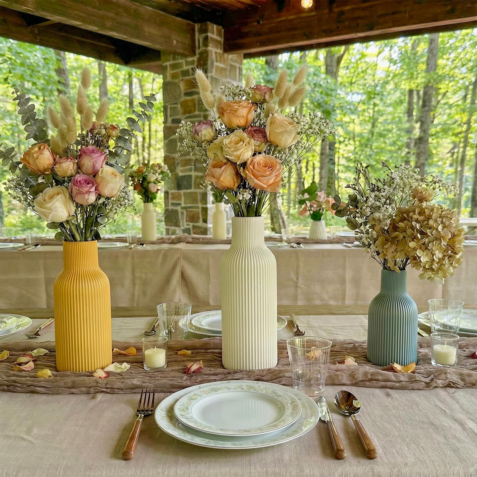Ceramic Vases Set of 3 – Modern Matte Ribbed Vases for Pampas Grass & Dried Flowers | Boho, Farmhouse & Minimalist Home Decor